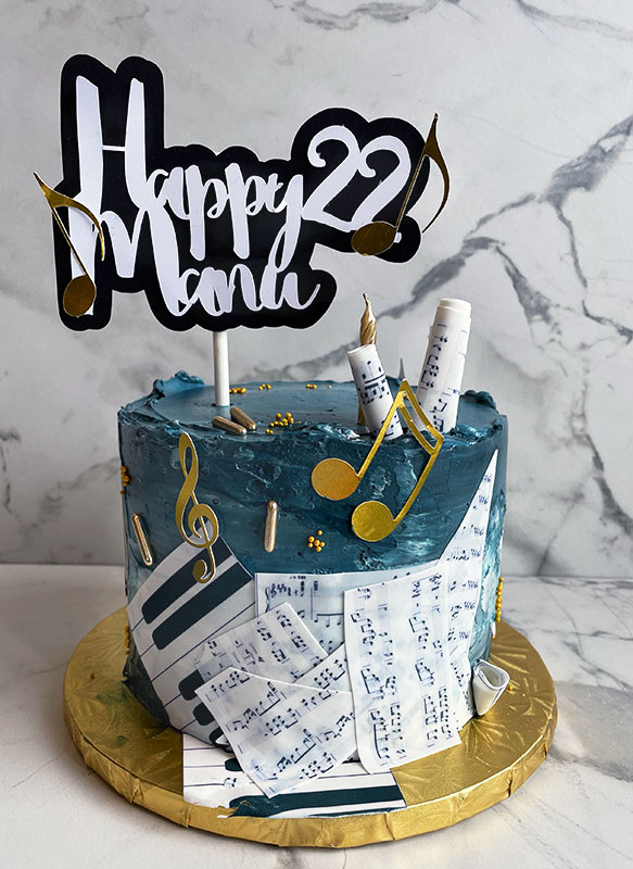 Edible music sheets and notes, and birthday topper